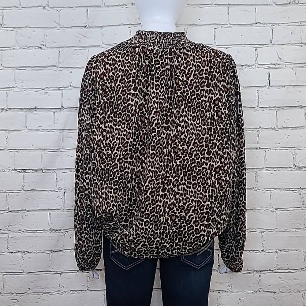 J Crew Long Sleeve Leopard Smocked Mock Neck Blouse/Shirt in Brown/Black - NWT